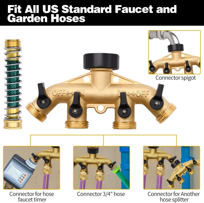 LFSEMINI 4 Way Hose Splitter with 4Pcs Garden Hose Extension Adapter, Brass Garden Hose Splitter Set, Hose Spigot Adapter with 4 Valves and 12 Rubber Washers & 4 Tapes - Image 3